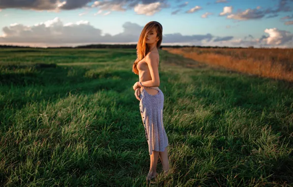 Chest, grass, look, the sun, landscape, sexy, pose, model