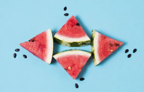 Watermelon, seeds, slices, blue background, slices, Quartet, laid out