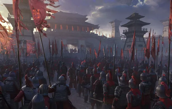 Army, digital art, artwork, fantasy art, Asian architecture