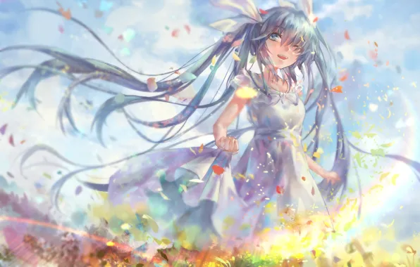 Picture the sky, girl, clouds, joy, flowers, anime, art, vocaloid