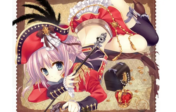 Gun, skull, hat, feathers, crown, girl, cane, lies
