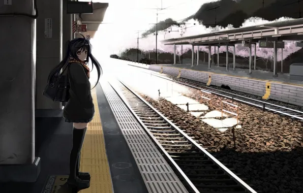 Girl, trees, rails, scarf, waiting, black hair, looking at the viewer, amino dopple