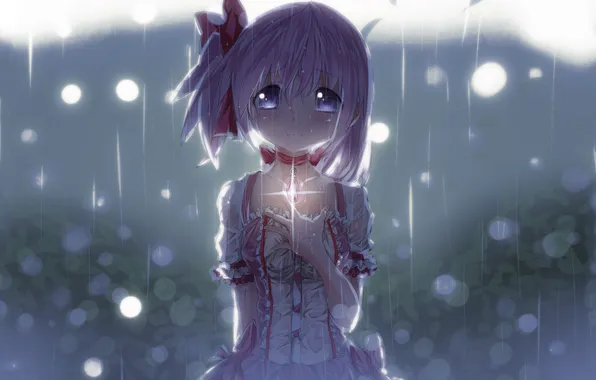 Picture girl, lights, rain, anime, tears, art, tape, pendant