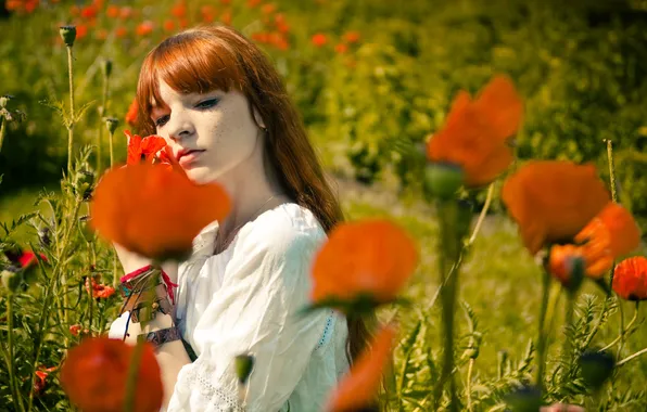 Greens, grass, girl, flowers, Maki, freckles, bracelet, redhead
