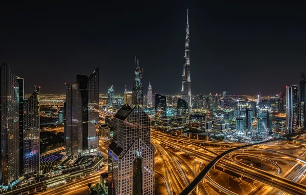 Night, lights, home, panorama, Dubai, UAE, Burj Khalifa