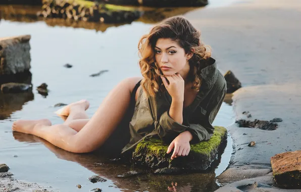 Girl, ass, beach, legs, eyes, lips, stones, hair