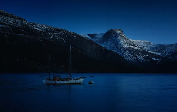 Picture sea, ocean, night, mountains, boat, bay