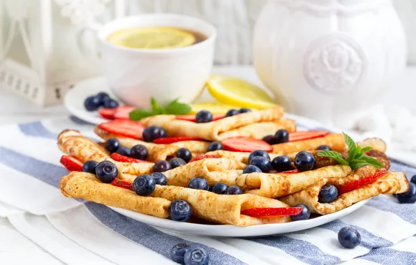 Lemon, tea, strawberry, pancakes, blueberries