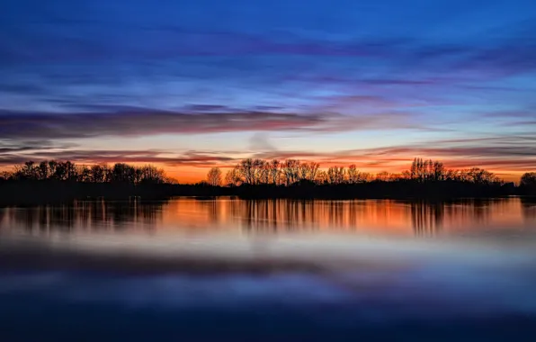 The sky, clouds, trees, sunset, reflection, river, shore, England
