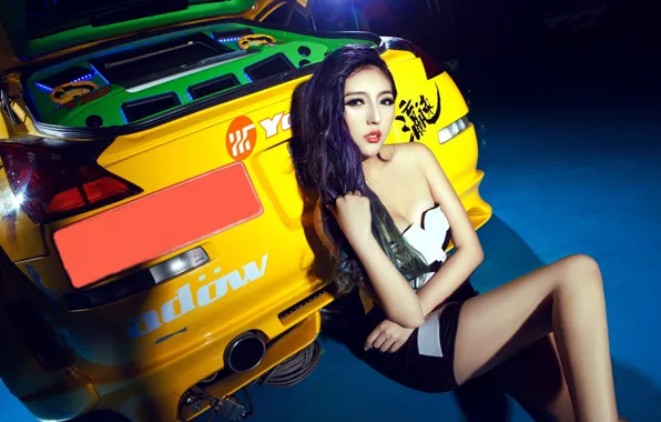 Look, Girls, Nissan, Asian, beautiful girl, yellow car, posing sitting on the machine