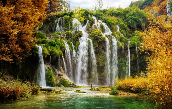 Autumn, rock, lake, waterfall, Croatia, Plitvice National Park