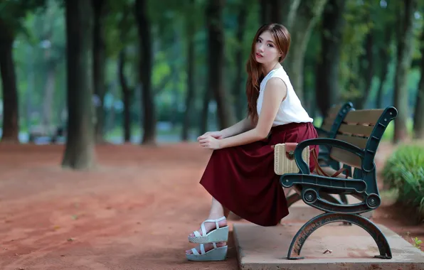 Picture girl, Park, Asian, cutie, bench