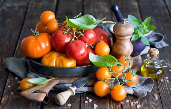 Picture leaves, oil, yellow, dishes, red, vegetables, tomatoes