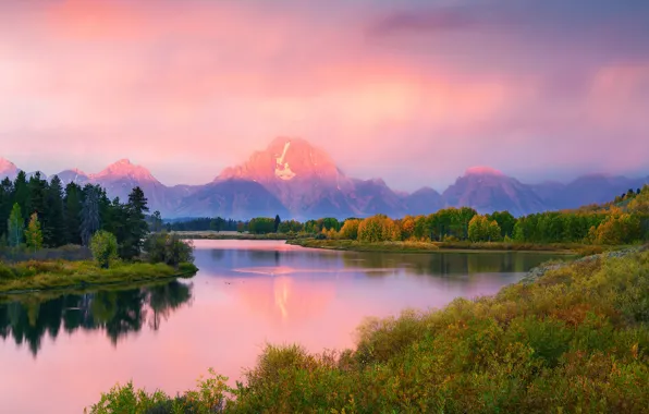 Autumn, forest, mountains, river, morning, USA, Wyoming, Grand Teton national Park