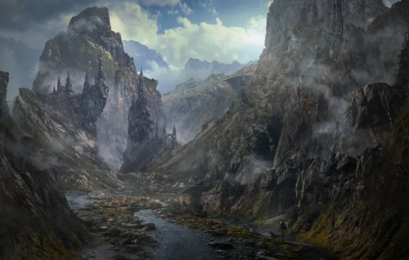Mountains, castle, rocks, gorge, river, traveler, A WALK
