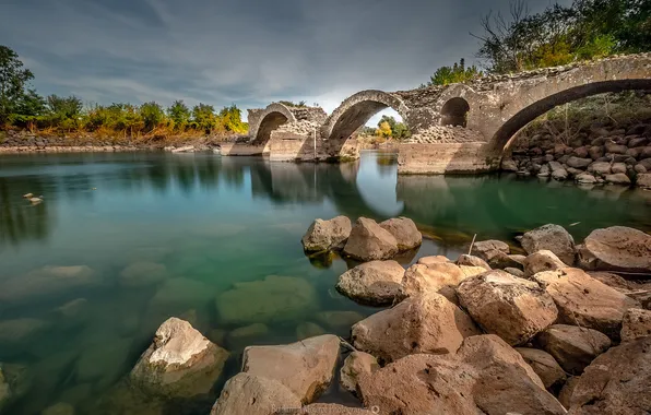 Trees, river, stones, France, Roman bridge, Languedoc-Roussillon