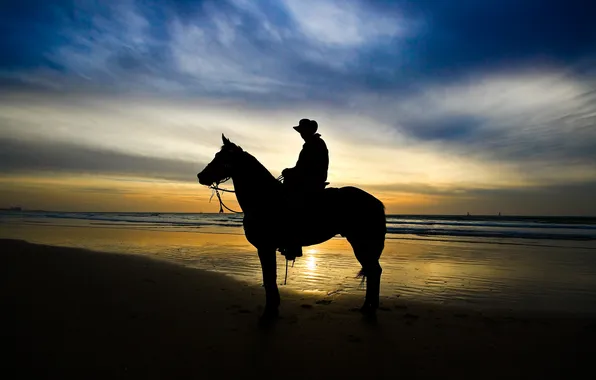 Picture the sky, landscape, sunset, nature, animal, horse, sea. rider