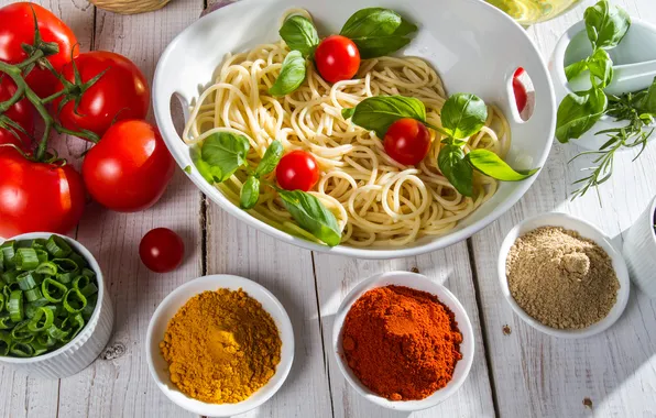 Greens, oil, tomatoes, spaghetti, seasoning