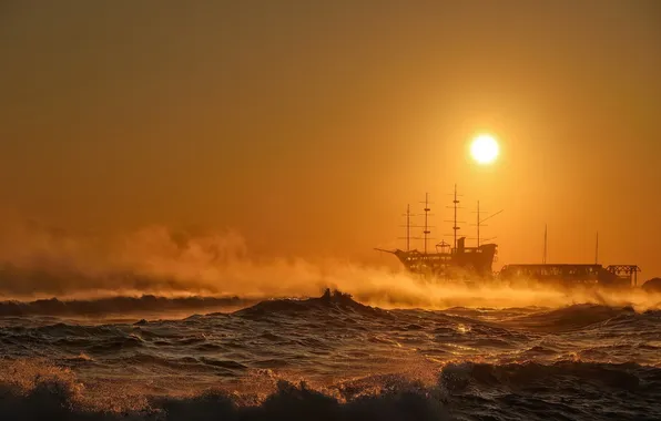 Sea, sunset, ship