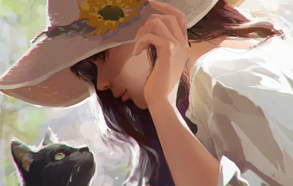 Picture girl, in profile, straw hat, black cat, the hand on the head, white blouse, eye …