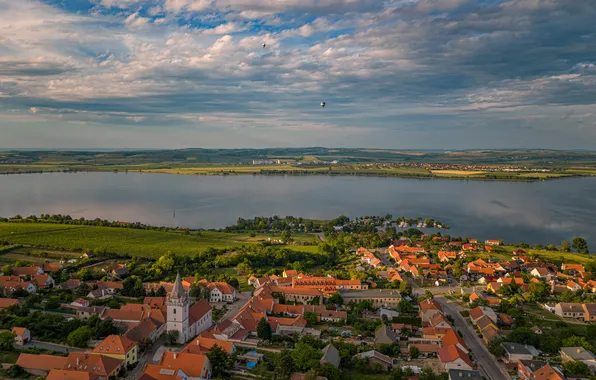 River, balloons, building, Czech Republic, Pavlov