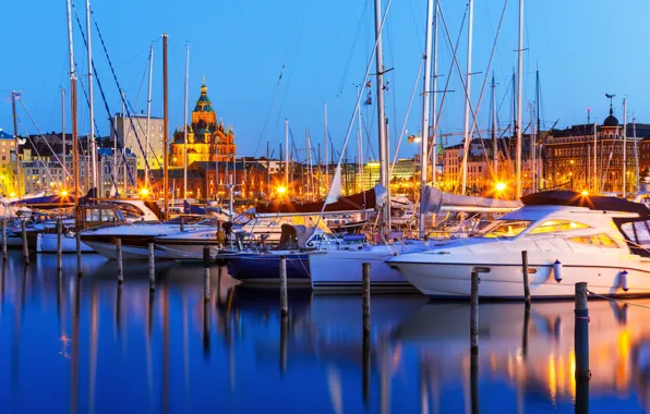 Yachts, port, night city, harbour, Finland, Finland, Helsinki, Helsinki