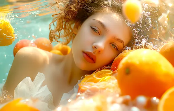Look, water, girl, light, bubbles, face, pose, oranges
