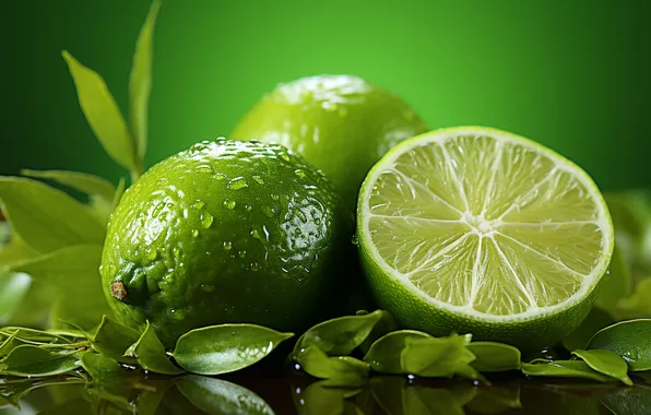 Leaves, lime, fruit, citrus, green background, AI art, neural network