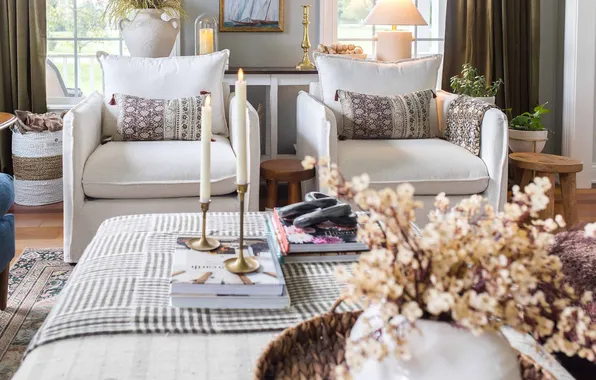 Heat, interior, plants, candles, chairs, living room, bright room, cozy