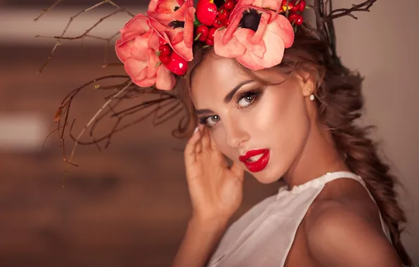 Look, flowers, face, style, makeup, wreath, red lipstick, Katerina Rubinovich