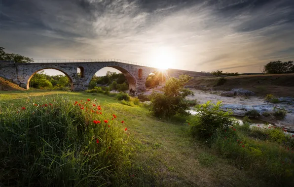 The sun, rays, flowers, bridge, river, Maki, stream, flowerbed