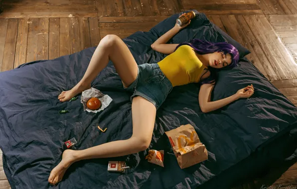 Picture long hair, barefoot, women, feet, purple hair, closed eyes, Kristina Borodkina, pointed toes