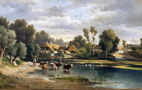 Home, River, Picture, Cows, Geese, Austrian landscape painter, Leopold Munsch, Leopold Munsch