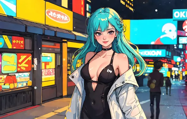 City, long hair, city lights, digital art, big boobs, artwork, smiling, jacket