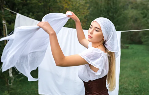 Girl, blonde, blouse, corset, linen, solitaire, Mikhail Pershin