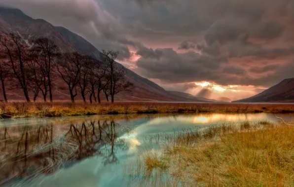 Picture autumn, the sky, trees, sunset, mountains, clouds, lake