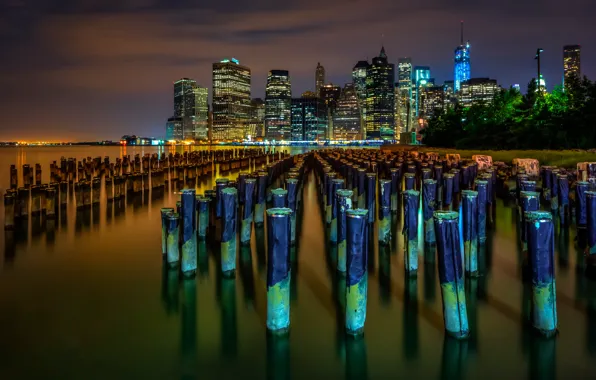 Night, the city, lights, skyscrapers, USA, NYC, usa, Lower Manhattan