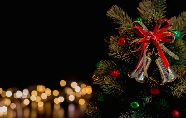 Balls, night, branches, lights, Christmas, New year, black background, herringbone