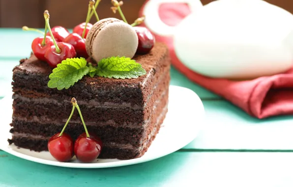 Picture macaron, wood, cream, cake, chocolate, cherry