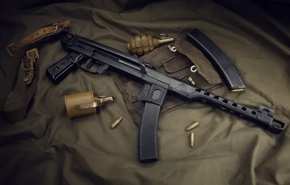 Weapons, bag, cartridges, weapon, grenades, clips, gun machine gun, PPS