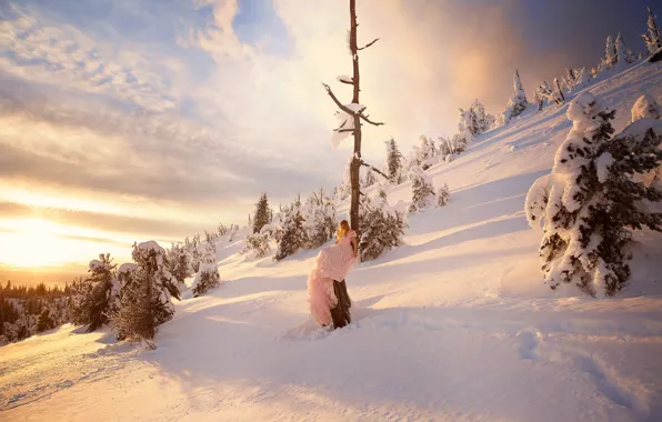 Winter, girl, snow, trees, slope, dress, Lichon