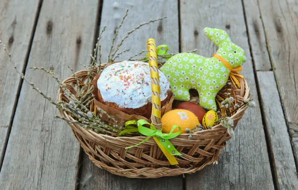 Picture branches, basket, eggs, Easter, cake, wood, Verba, spring