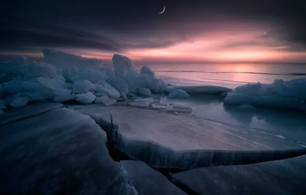 Winter, the sky, clouds, light, snow, sunset, clouds, shore
