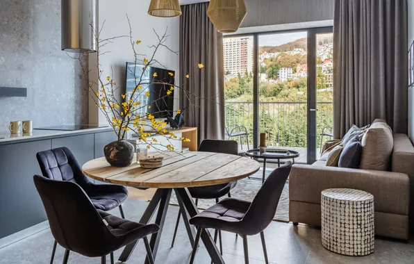 Design, style, interior, kitchen, balcony, skyscraper, living room, small space