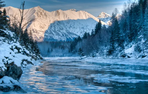 Picture winter, forest, landscape, mountains, nature, river, Alaska