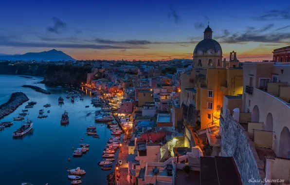 Clouds, night, river, home, yachts, boats, Procida, Anconetani Luca