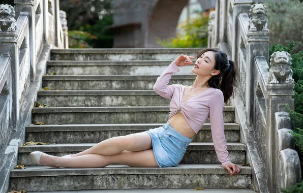 Ladder, Asian, Brunette, Feet, Skirt, Blouse, Sitting