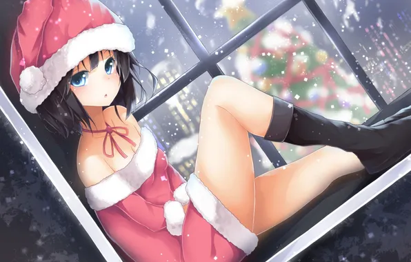 Winter, girl, snow, holiday, hat, Christmas, anime, art