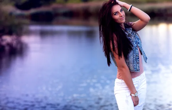 Look, water, girl, pose, smile, hair