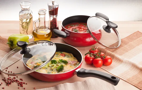 Oil, food, pepper, scrambled eggs, tomatoes, soup, seasoning